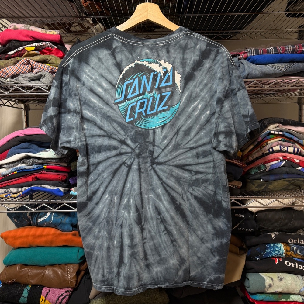 Santa Cruz T-Shirt Mens L Black Tie Dye Wave Dot Logo Skateboard Surfer Tee